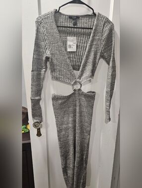 Forever 21 Ribbed Cutout Maxi Dress with Ring Detail - Gray